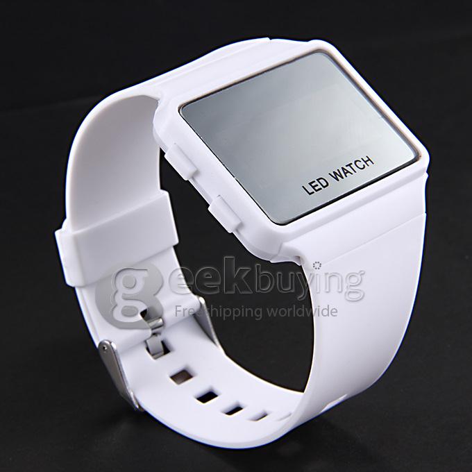 Unisex LED Digital Bright Colorful Square Case Silicone Strap Quartz Sport Wrist Watch - White