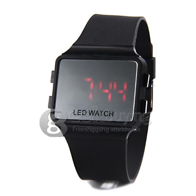 Unisex LED Digital Bright Colorful Square Case Silicone Strap Quartz Sport Wrist Watch - Black