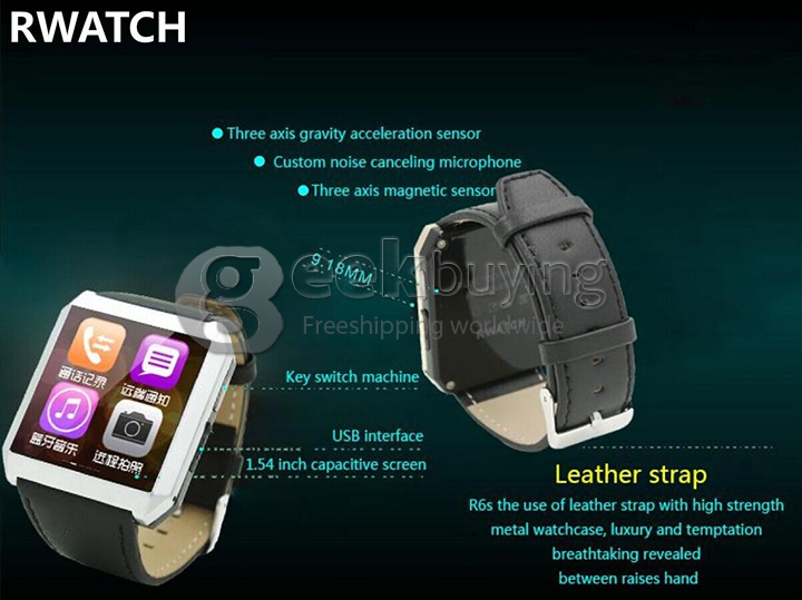 RWATCH R6S Wearable Bluetooth 4.0 Smart Watch Compass Hands-Free Call Pedometer Sleep Tracker for Android iOS Gold