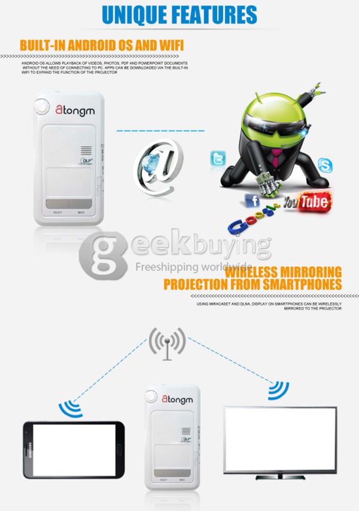 Atongm D9 Ultra-slim Android 4.2 1080P DLP LED Home Theater Projector Wifi HDMI/USB/AV/VGA/OTG/Micro SD Card (US Plug) - White