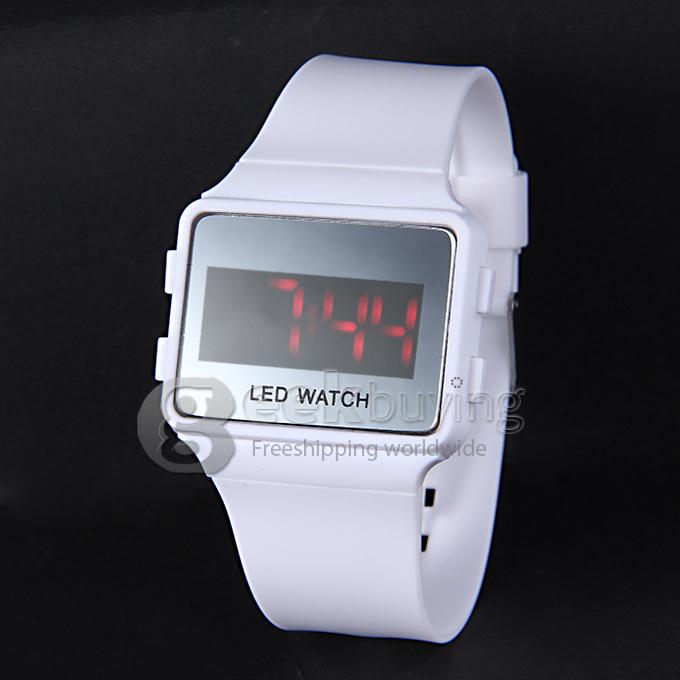 Unisex LED Digital Bright Colorful Square Case Silicone Strap Quartz Sport Wrist Watch - White