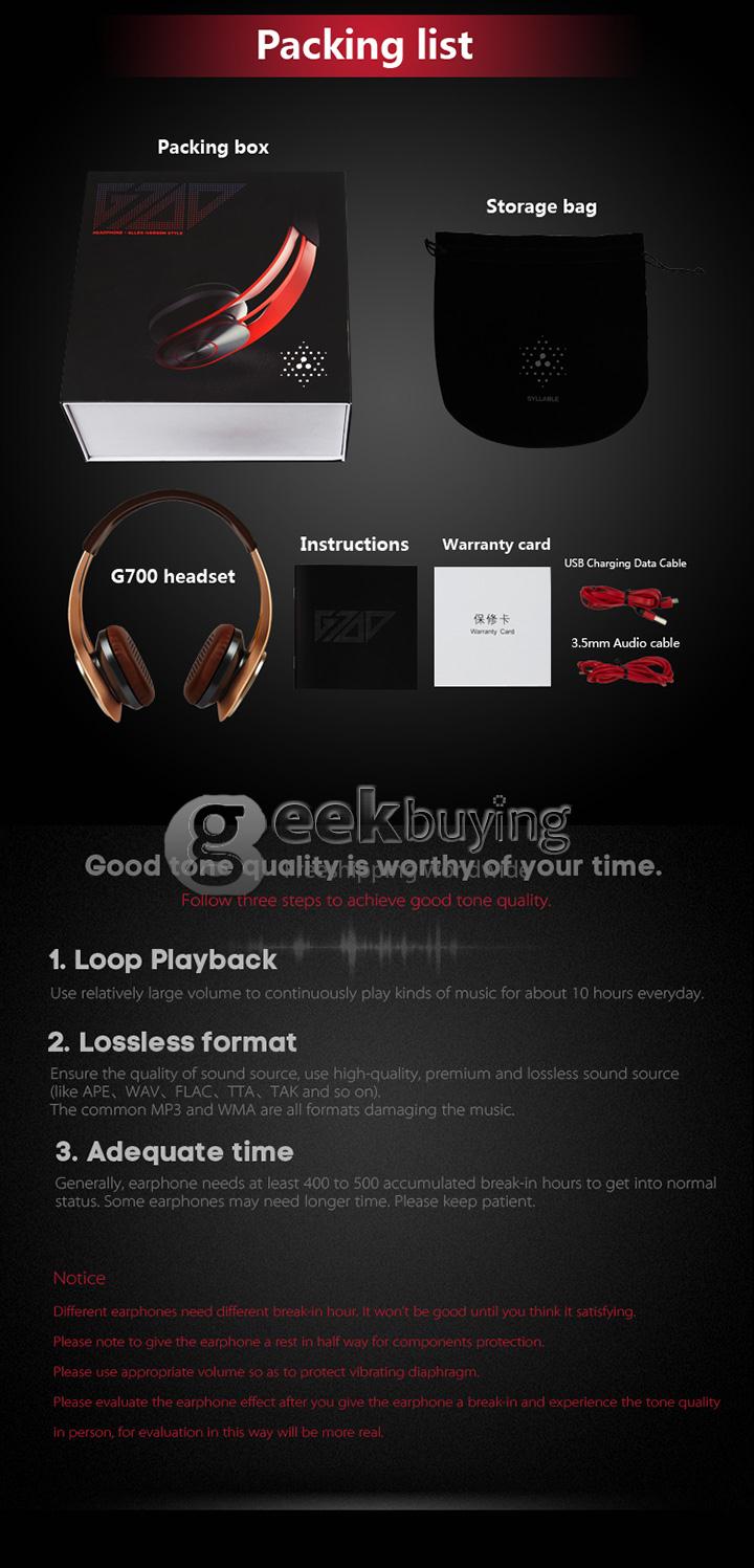 Syllable G700 Metal Wireless Bluetooth 4.0 Headphone Headset with NFC Fuction Bass Built-in Mic / 40mm Speaker - Golden
