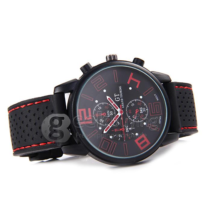 GT Men's Fashion Round Dial PU Band Analog Japanese Quartz Wrist Watch - Red