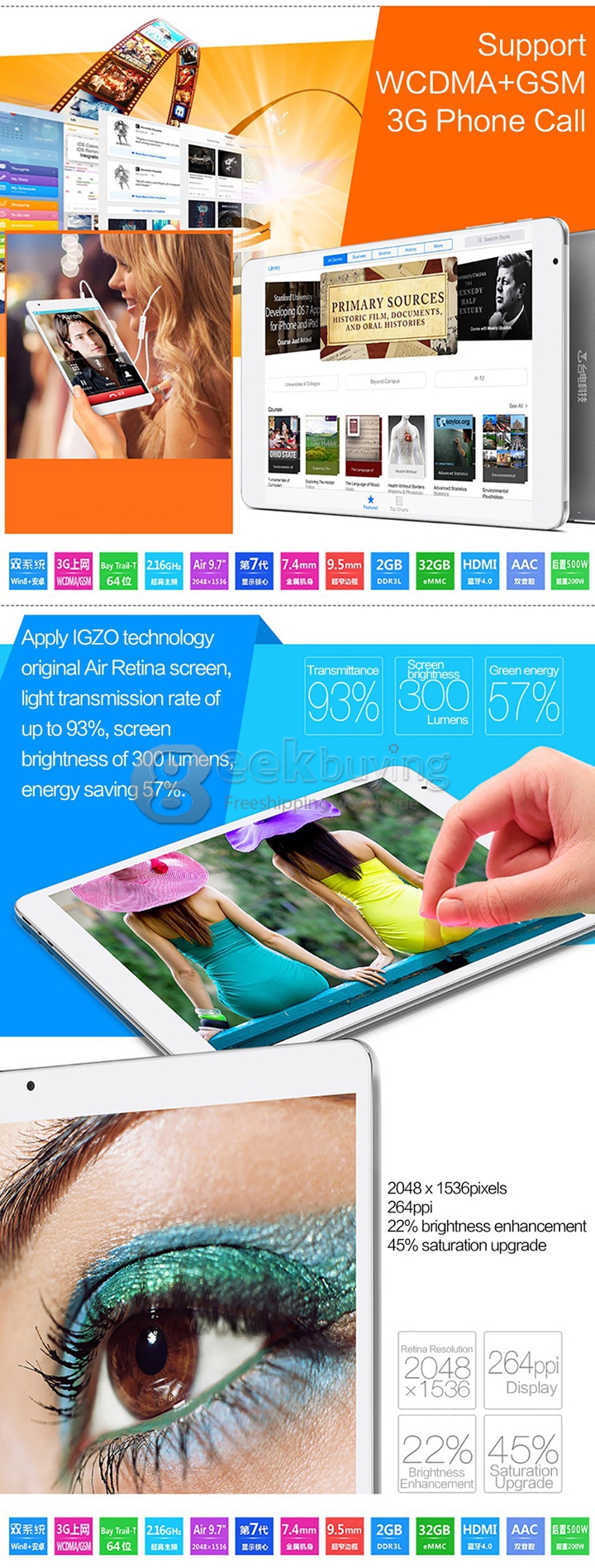 [Spain Stock] Teclast X98 Air 3G Dual OS Intel Bay Trail-T Z3736F Quad Core 2.16 GHz 9.7 Inch Tablet PC Phablet Android 4.4 & Windows 8.1 2048*1536 IPS 2GB/32GB