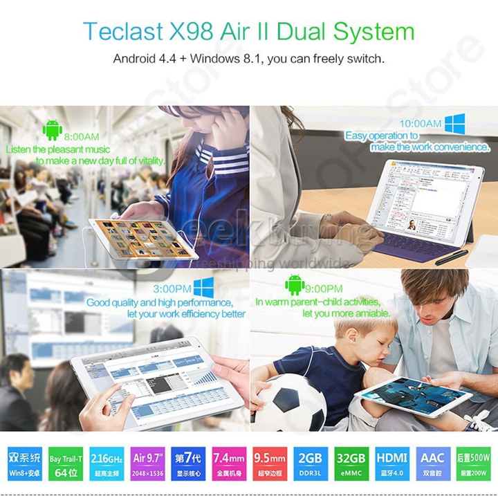 Teclast X98 Air II Dual OS Intel Bay Trail-T Z3736F Quad Core 2.16 GHz 9.7 Inch Tablet PC Android 4.4 & Windows 8.1 2048*1536 IPS 2GB/32GB