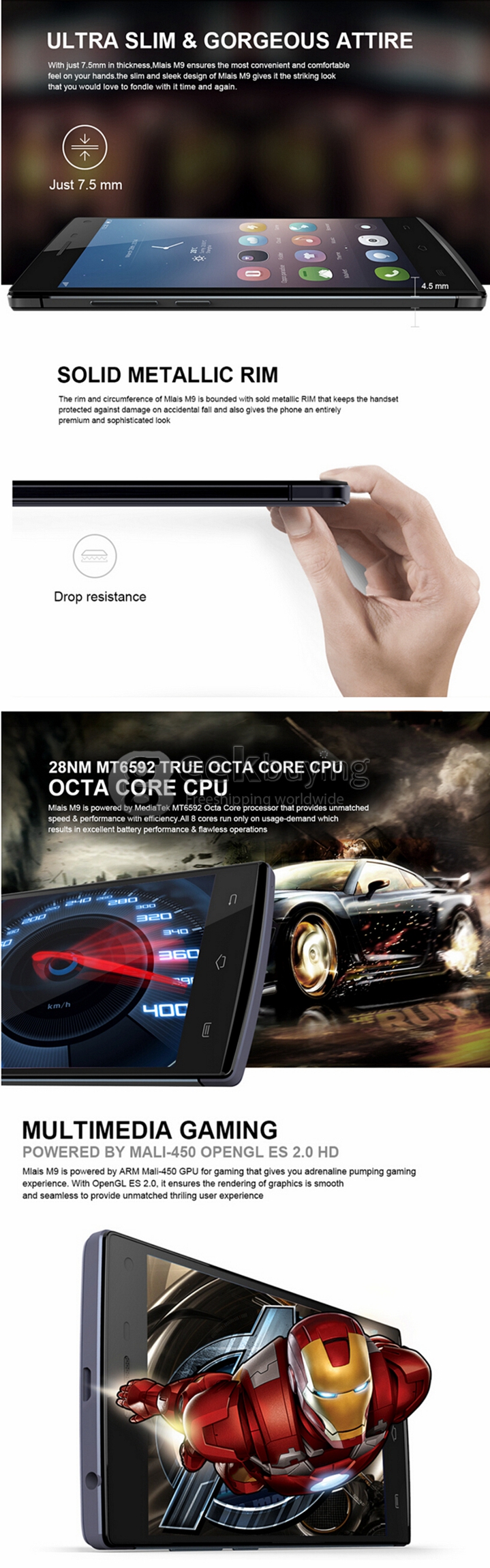 MLAIS M9 Smartphone MTK6592M Octa Core 1.4GHz QHD 5.0Inch Android 4.4 OS 1GB RAM 8GB ROM QHD 5.0MP 3G/GPS/OTG - Black