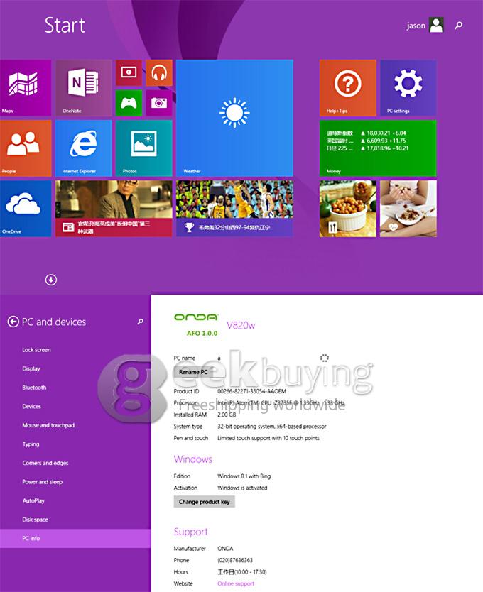ONDA V820W Win8.1 Tablet PC 8.0 Inch Intel Z3735F Quad Core IPS Screen 1280*800 2GB/16GB Buletooth