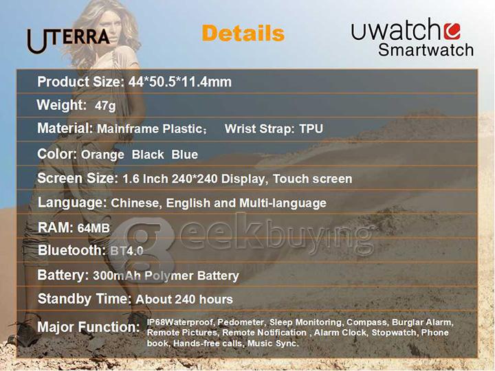U Watch U Terra IP68 Waterproof Dustproof Shockproof Bluetooth Smart Wrist Watch Pedometer Compass for iOS iPhone Android - Black