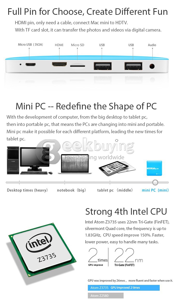 VOYO Mini PC Windows 8.1  Media Player Intel Z3735F 2G RAM 64G ROM WIFI XBMC KODI Bluetooth with 1000mAh Battery - White