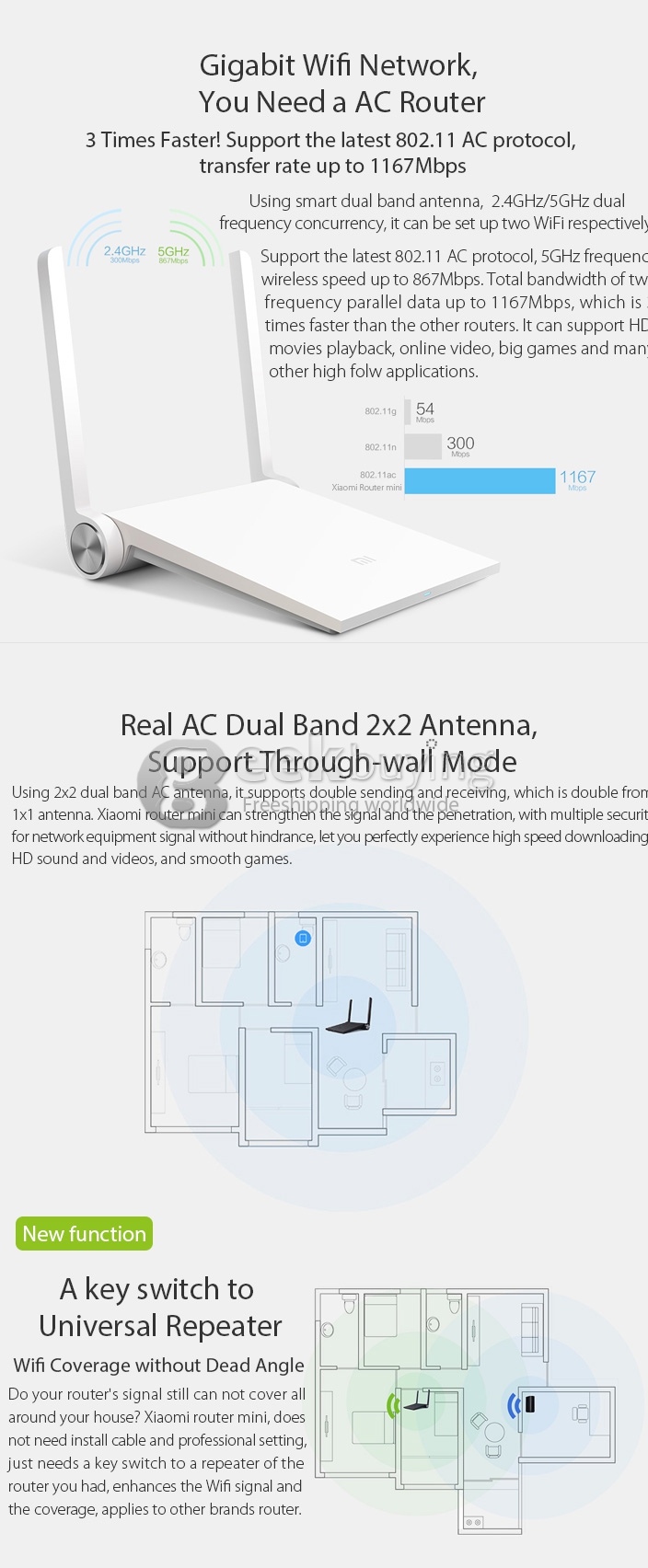 Xiaomi Mi WiFi Mini Router Portable WiFi Reapter High Security 1167Mbps Dual Bands 2.4GHz/5GHz 802.11 AC WiFi Modem - Blue