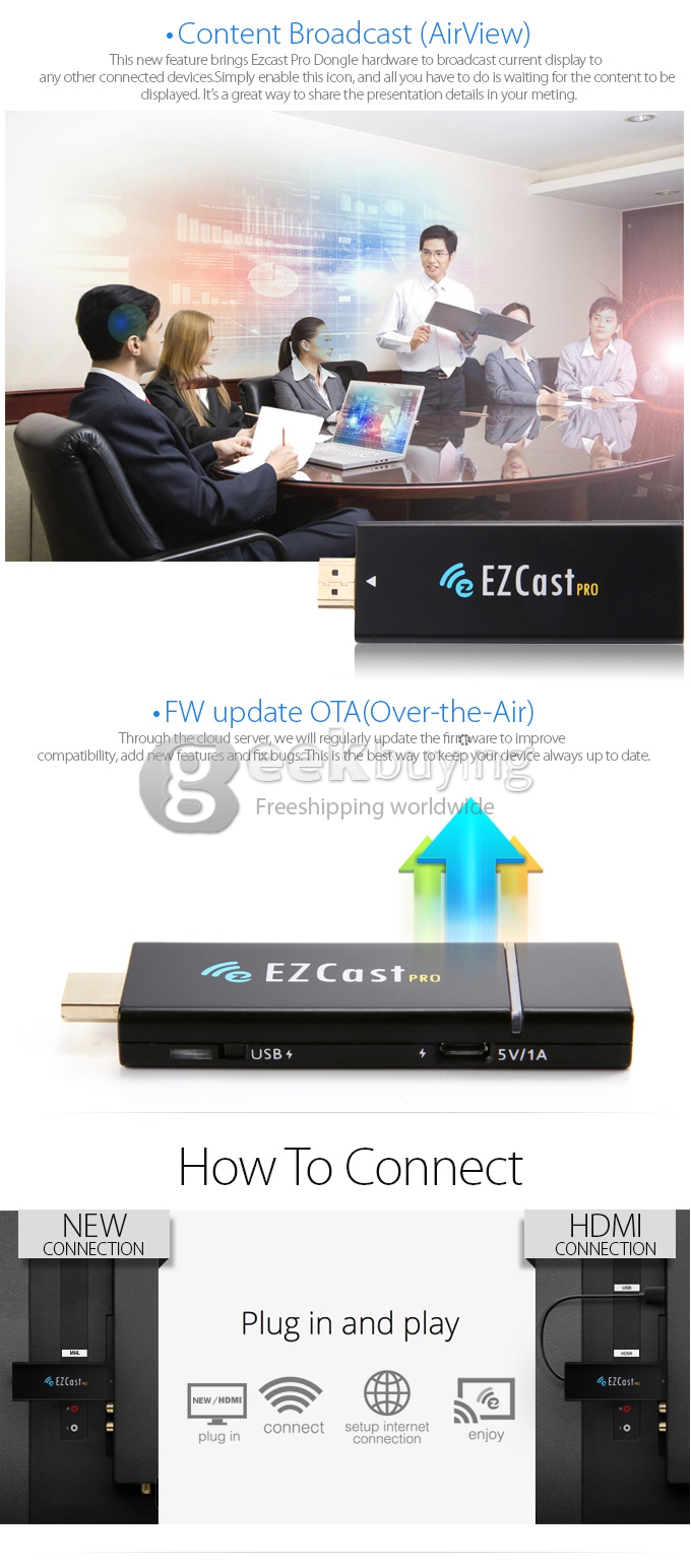 EZCast Pro HDMI Mirror2TV Stick Miracast/Airplay/DLNA Support 4 to 1 Split Screens - Black