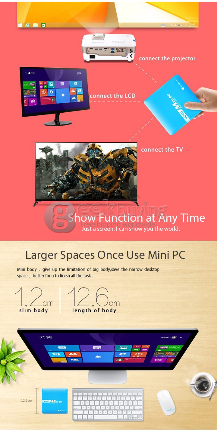 VOYO Mini PC Windows 8.1  Media Player Intel Z3735F 2G RAM 64G ROM WIFI XBMC KODI Bluetooth with 1000mAh Battery - White