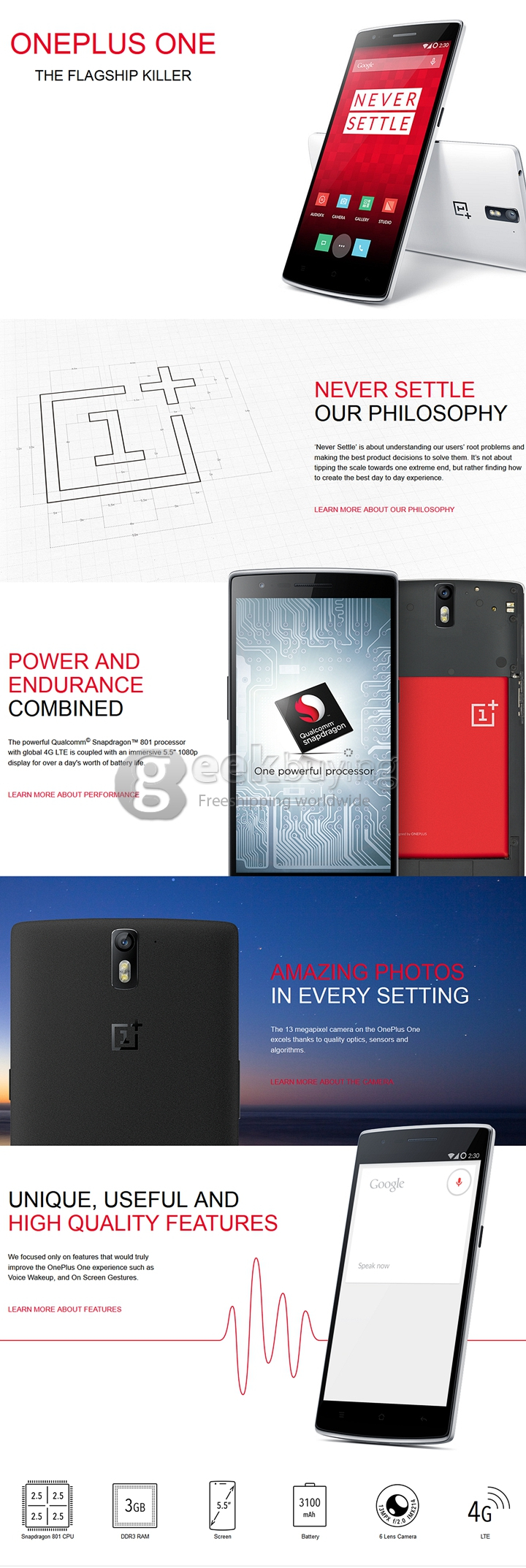 [Spain Stock] ONEPLUS ONE 5.5Inch LTPS Screen CyanogenMod 11.0 OS 3GB 64GB 4G FDD-LTE Smartphone Qualcomm Snapdragon 801(8974AC) Krait 400 Quad Core 2.5GHz 13.0MP OTG NFC - Black
