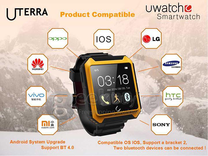 U Watch U Terra IP68 Waterproof Dustproof Shockproof Bluetooth Smart Wrist Watch Pedometer Compass for iOS iPhone Android - Black
