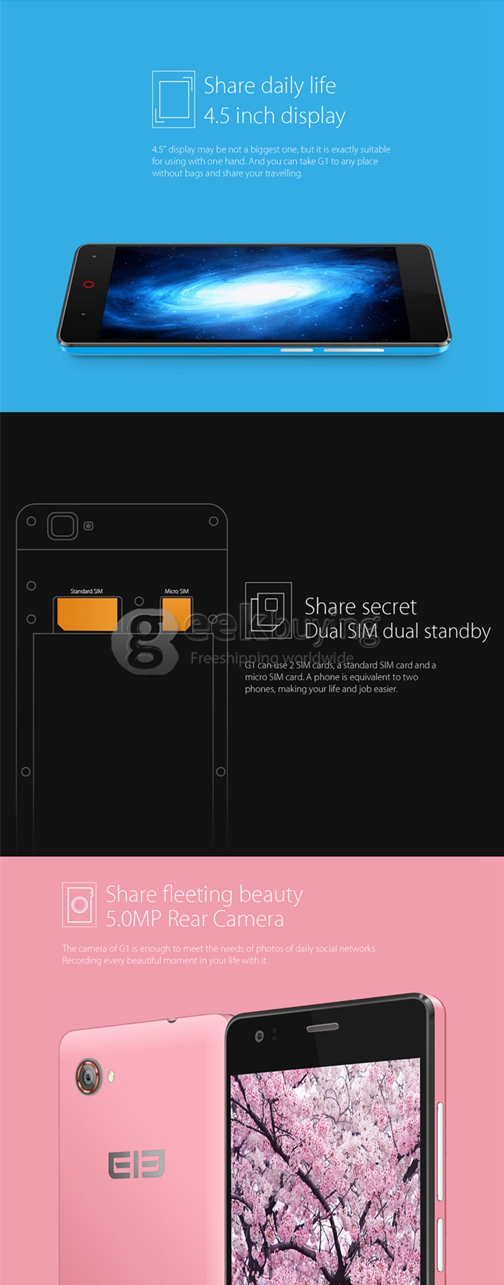 Elephone G1 4.5 inch Android Phone FWVGA IPS MTK6582M Quad Core Android 4.4 Smartphone 4GB ROM 5MP GPS WIFI - White