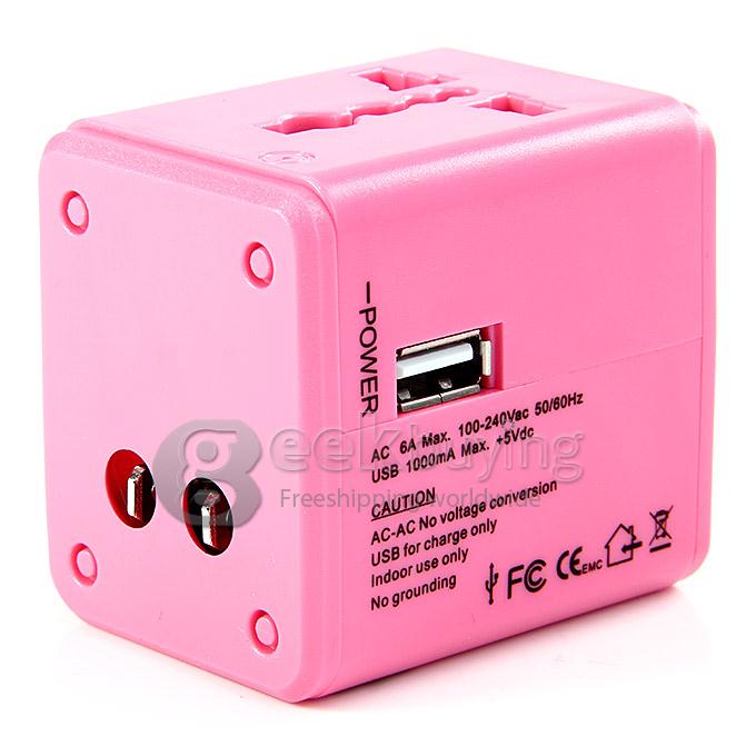 Universal Global Travel AC UK / EU / US / AU Plug Power Adapter Conversion Socket General with USB Port - Pink
