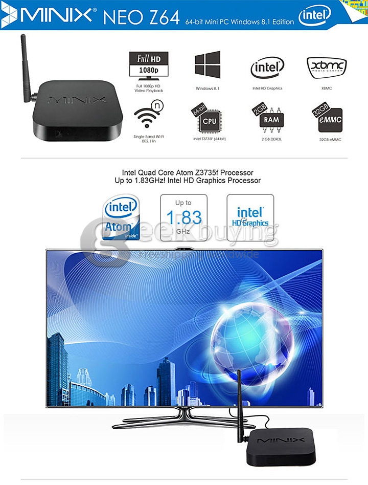 MINIX NEO Z64 Z64W Windows 10 TV Box Mini PC Intel Z3735F 64 BIT Quad Core 2G RAM 32G ROM XBMC KODI Bluetooth Black