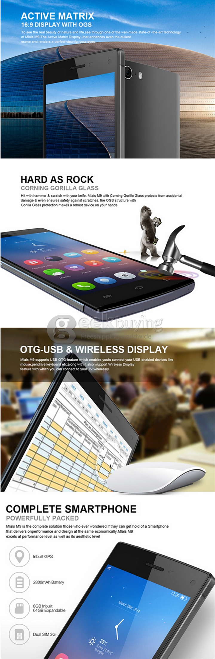 MLAIS M9 Smartphone MTK6592M Octa Core 1.4GHz QHD 5.0Inch Android 4.4 OS 1GB RAM 8GB ROM QHD 5.0MP 3G/GPS/OTG - Black