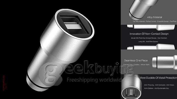 CRERCO Thor T1 Alloy Stainless Steel Non-Contact 4.8A Dual-USB Smart Car Charger w/ Emergency Hammer