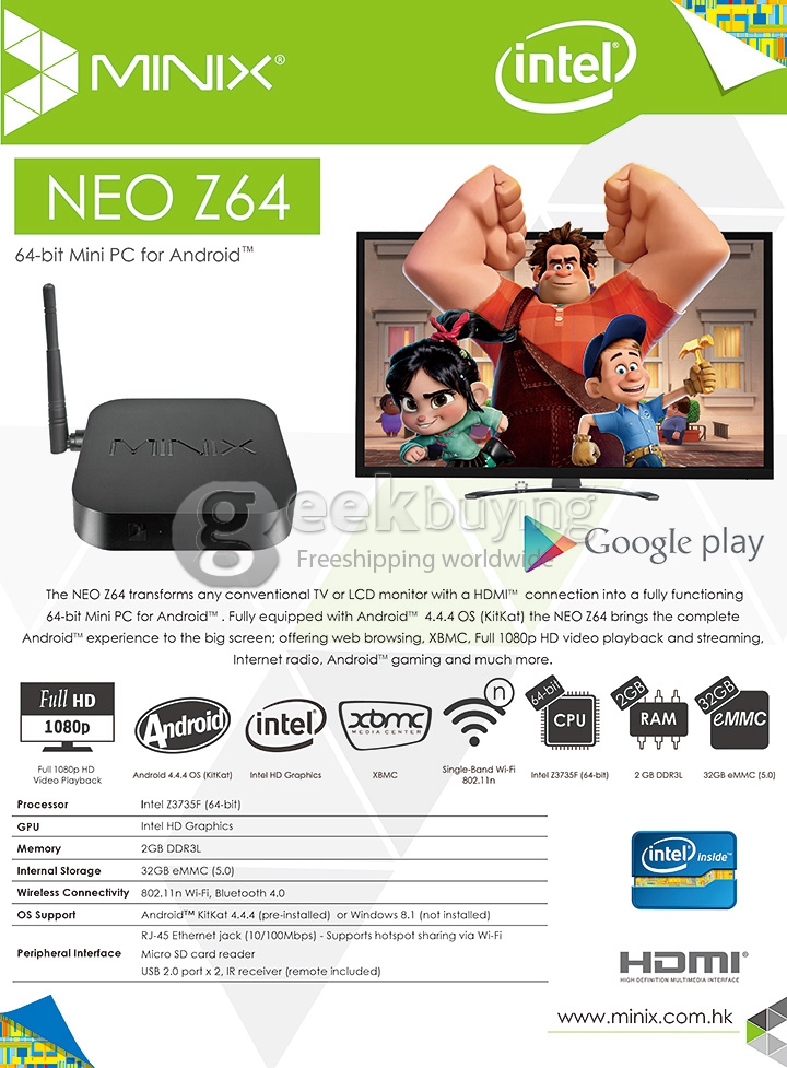 [Spain Stock] MINIX NEO Z64 Z64A Android TV Box Mini PC Intel Z3735F Quad Core 2G RAM 32G eMMC ROM XBMC KODI Bluetooth - Black