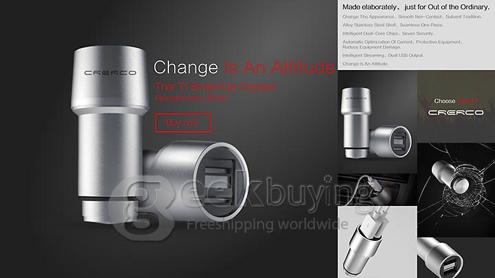 CRERCO Thor T1 Alloy Stainless Steel Non-Contact 4.8A Dual-USB Smart Car Charger w/ Emergency Hammer