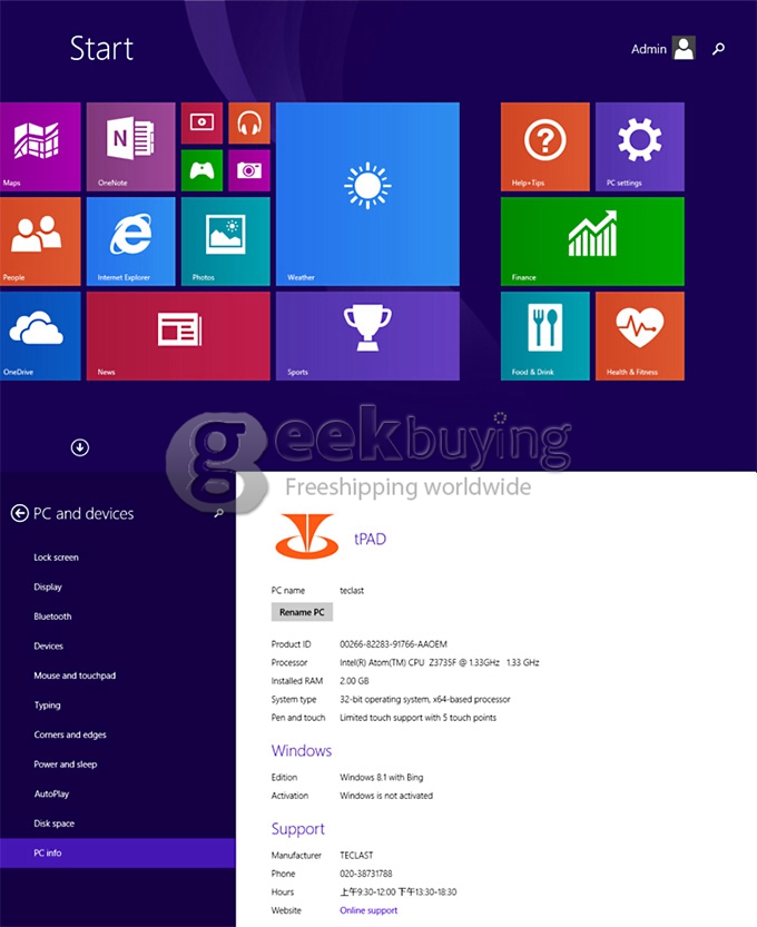 Teclast X80H Dual OS Android 4.4+Win 8.1 Tablet PC 2GB/32GB Intel Z3735F Quad Core 1.83GHz 8 Inch IPS 1280x800 HDMI WiFi Bluetooth - White + Gray