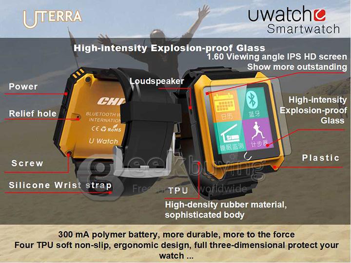 U Watch U Terra IP68 Waterproof Dustproof Shockproof Bluetooth Smart Wrist Watch Pedometer Compass for iOS iPhone Android - Black