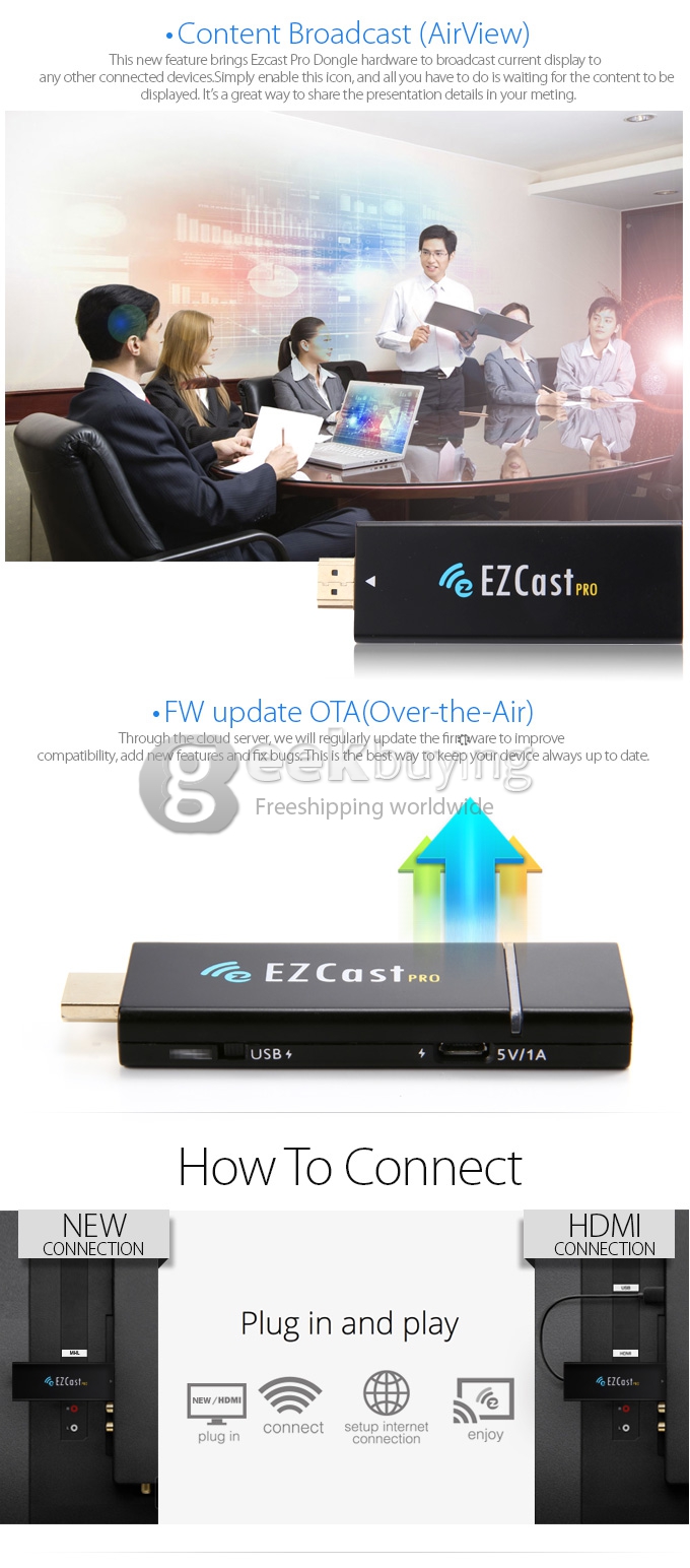 [Spain Stock] EZCast Pro HDMI Mirror2TV Stick Miracast/Airplay/DLNA Support 4 to 1 Split Screens - Black