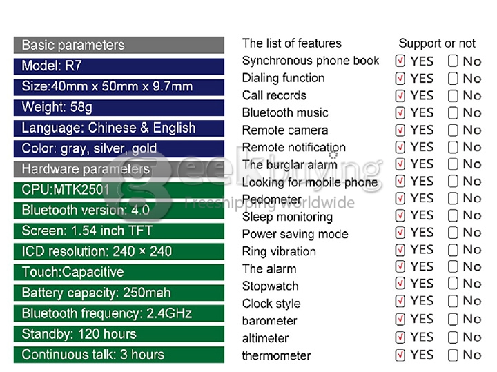 RWATCH R7 Luxury Anti-lost Bluetooth Smart Wrist Watch with Pedometer Sleep Test Altimeter Barometer Thermometer Gun