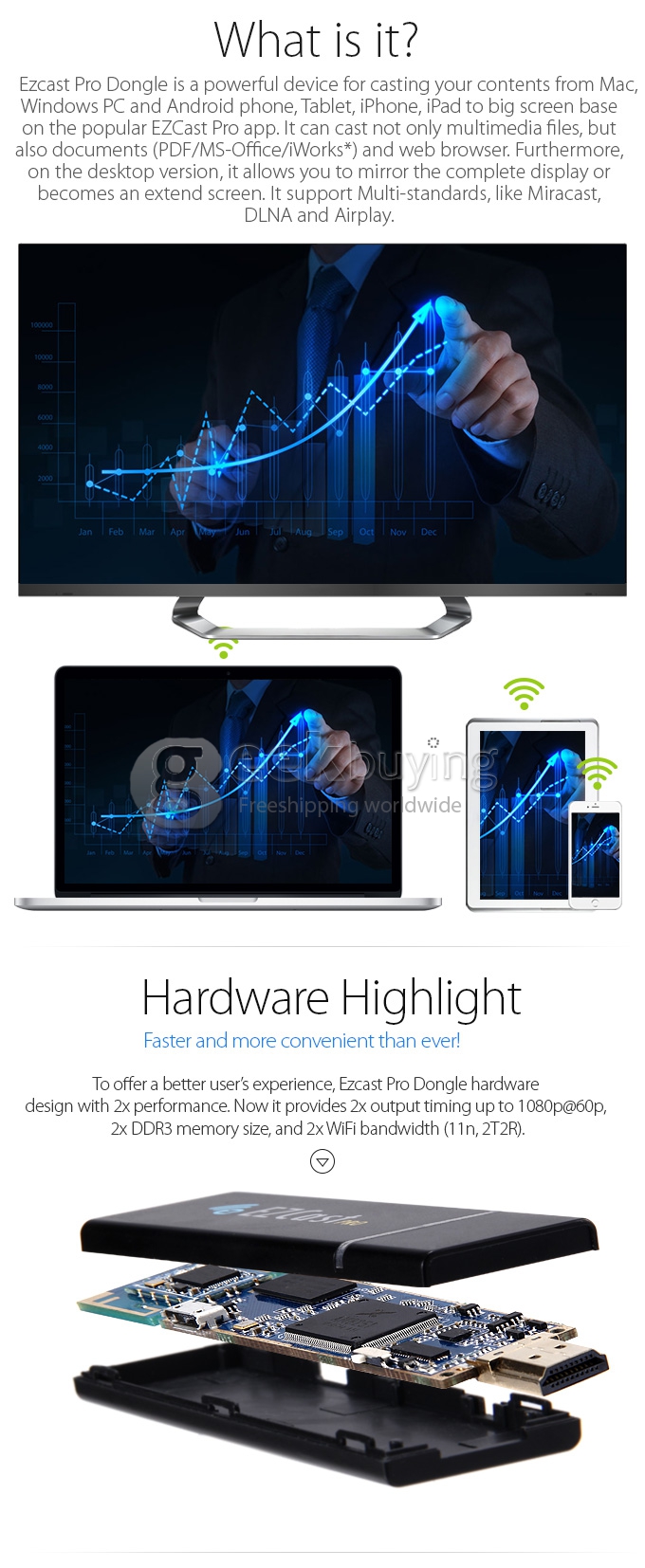 [France Stock]EZCast Pro HDMI Mirror2TV Stick Miracast/Airplay/DLNA Support 4 to 1 Split Screens - Black
