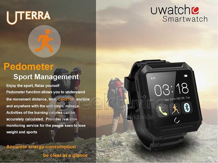 U Watch U Terra IP68 Waterproof Dustproof Shockproof Bluetooth Smart Wrist Watch Pedometer Compass for iOS iPhone Android - Black