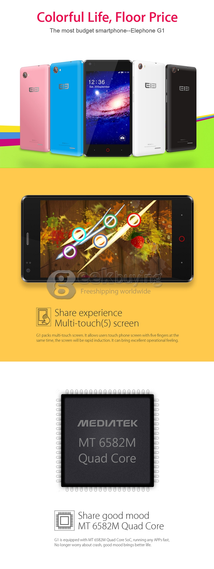 Elephone G1 4.5 inch Android Phone FWVGA IPS MTK6582M Quad Core Android 4.4 Smartphone 4GB ROM 5MP GPS WIFI - White