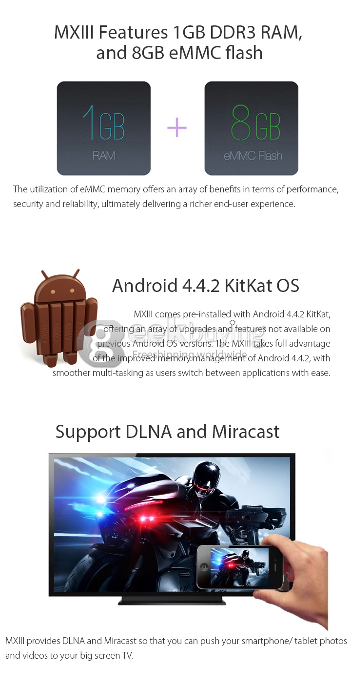 MXIII Amlogic S802 2.0GHz Quad Core Google Android 4.4.2 Octa Core GPU 4K2K TV BOX 1G/8G Built in XBMC KODI Miracast DLNA OTG - Black