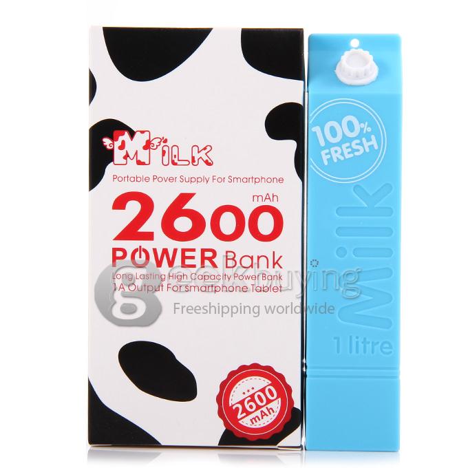 Portable Milk Box Style 2600mAh External Power Bank Battery Charger for Smartphone - Blue