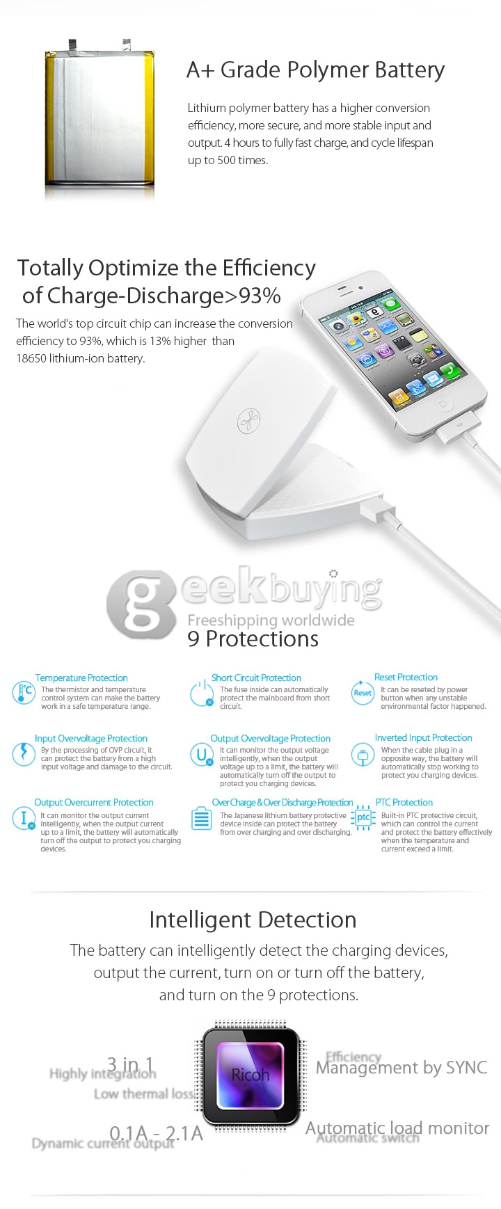 Vorson Mirror 6000mAh Power Bank External Li-polymer Battery 2.1A for iPhone iPad Smartphone Tablet - White
