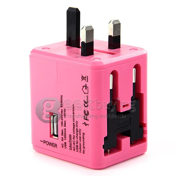 Universal Global Travel AC UK / EU / US / AU Plug Power Adapter Conversion Socket General with USB Port - Pink