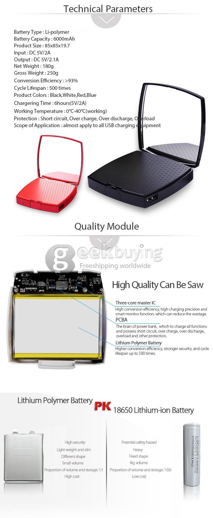 Vorson Mirror 6000mAh Power Bank External Li-polymer Battery 2.1A for iPhone iPad Smartphone Tablet - White