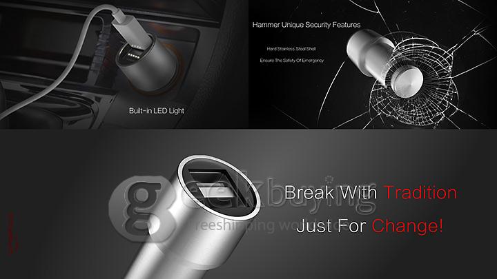 CRERCO Thor T1 Alloy Stainless Steel Non-Contact 4.8A Dual-USB Smart Car Charger w/ Emergency Hammer