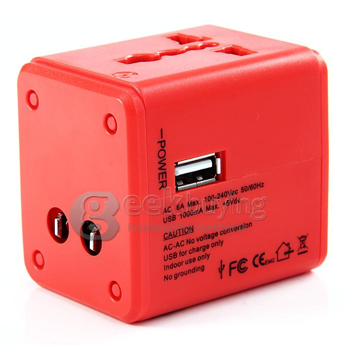 Universal Global Travel AC UK / EU / US / AU Plug Power Adapter Conversion Socket General with USB Port - Red