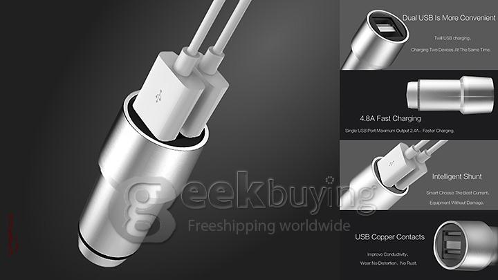 CRERCO Thor T1 Alloy Stainless Steel Non-Contact 4.8A Dual-USB Smart Car Charger w/ Emergency Hammer