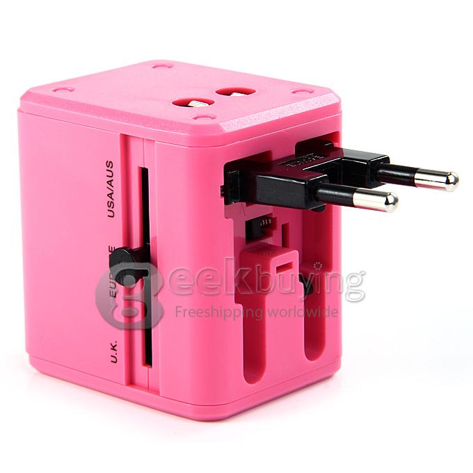 Universal Global Travel AC UK / EU / US / AU Plug Power Adapter Conversion Socket General with USB Port - Pink