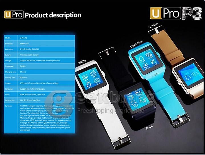 1.55'LED U Pro P3 Bluetooth Watch TouchScreen Smart Watch Phone for Android iPhone With Camera - Light Blue