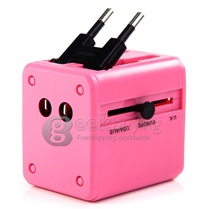 Universal Global Travel AC UK / EU / US / AU Plug Power Adapter Conversion Socket General with USB Port - Pink
