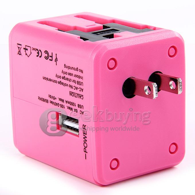 Universal Global Travel AC UK / EU / US / AU Plug Power Adapter Conversion Socket General with USB Port - Pink