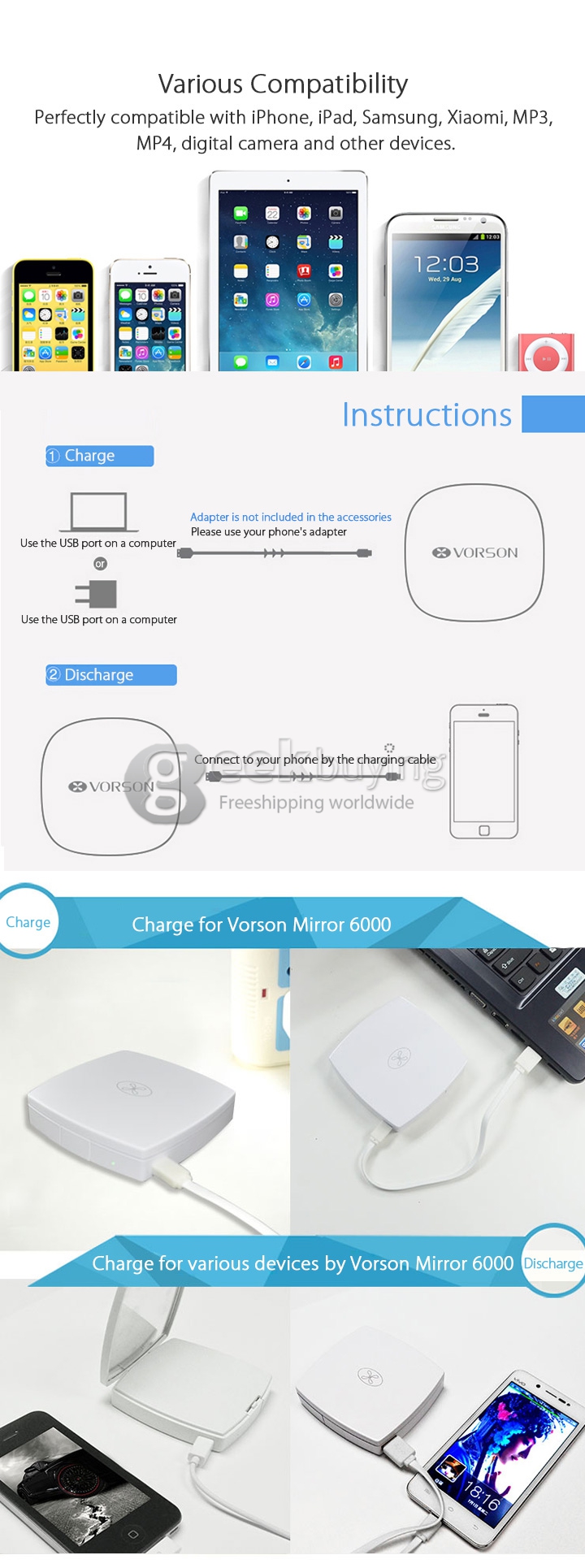 Vorson Mirror 6000mAh Power Bank External Li-polymer Battery 2.1A for iPhone iPad Smartphone Tablet - White