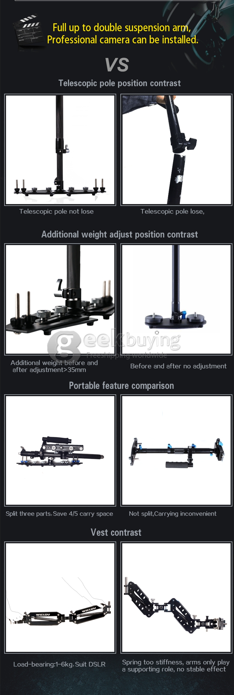 Wieldy HD2600 1-7.5kg Steadicam I Vest + Dual Arm Systems + Handheld Stabilizer for Video Camera DSLR