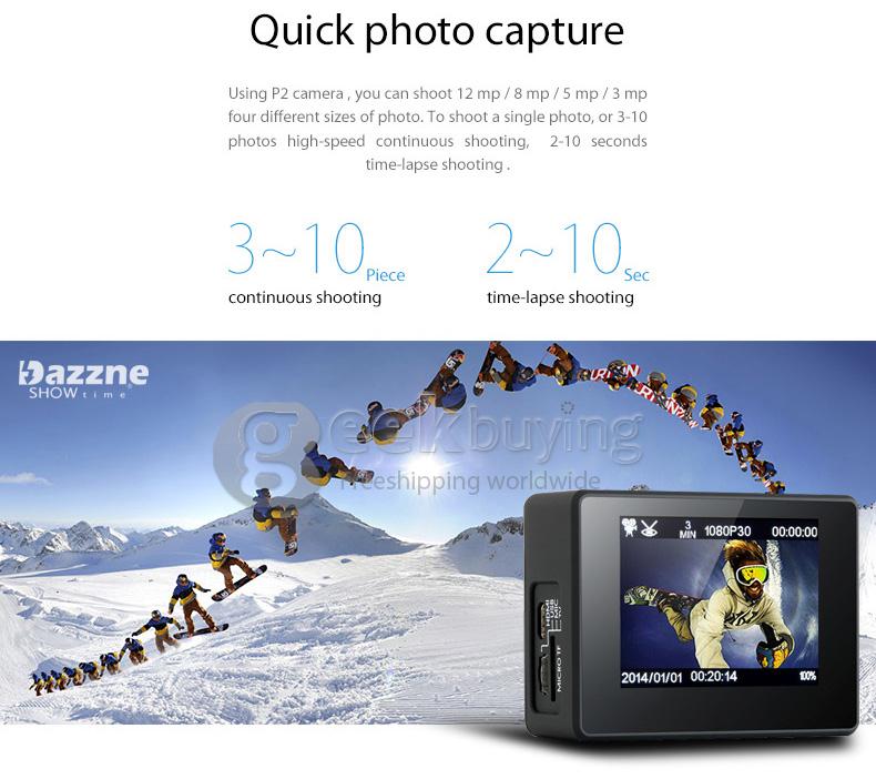 Dazzne P2 Novatek 96650 2inch LCD Screen 12.0MP 1080P Waterproof Action Sport Camera - Black
