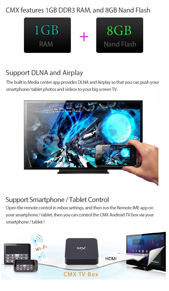 [Spain Stock] CMX AML8726-MX Android 4.2 Dual Core Mini TV Box HDMI HDD Player 1G/8G Built-in XBMC 1080P RJ45 AV Port - Black