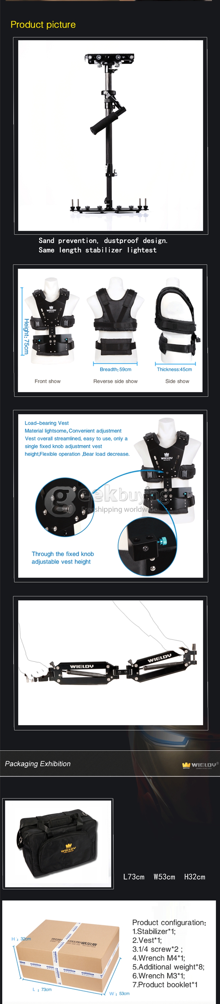 Wieldy HD2600 1-7.5kg Steadicam I Vest + Dual Arm Systems + Handheld Stabilizer for Video Camera DSLR