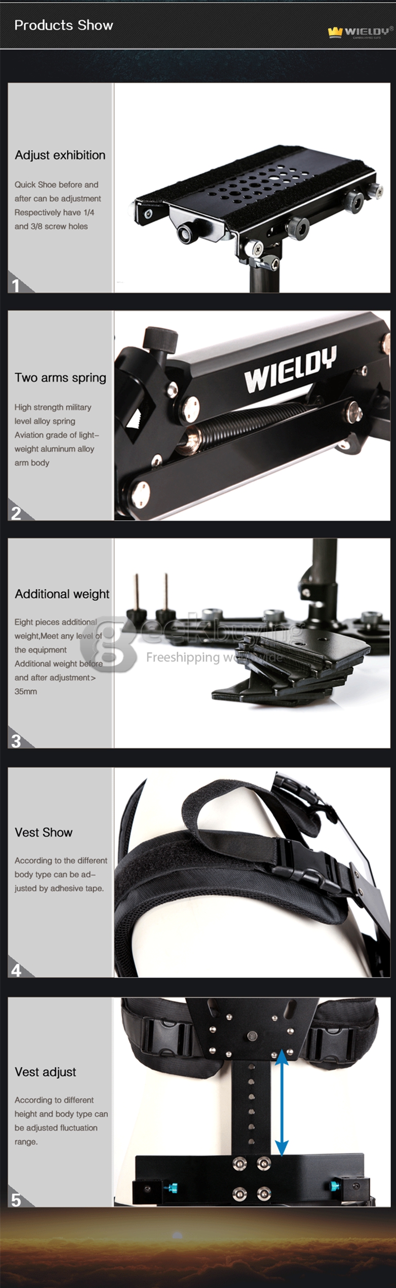 Wieldy HD2600 1-7.5kg Steadicam I Vest + Dual Arm Systems + Handheld Stabilizer for Video Camera DSLR